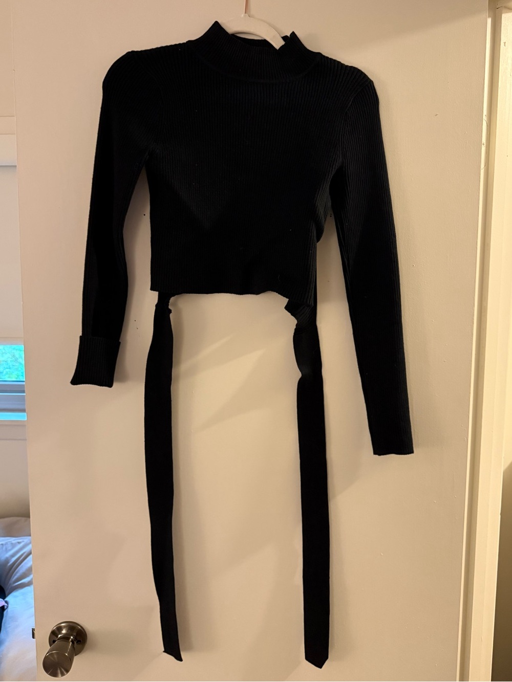 SHE + SKY Black Ribbed Long-Sleeve Crop Top with Open Back Waist Ties